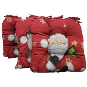 3 Same Tapestry Chair Cushion pads w/ties, 16"x16", CHRISTMAS SANTA ON RED, DII